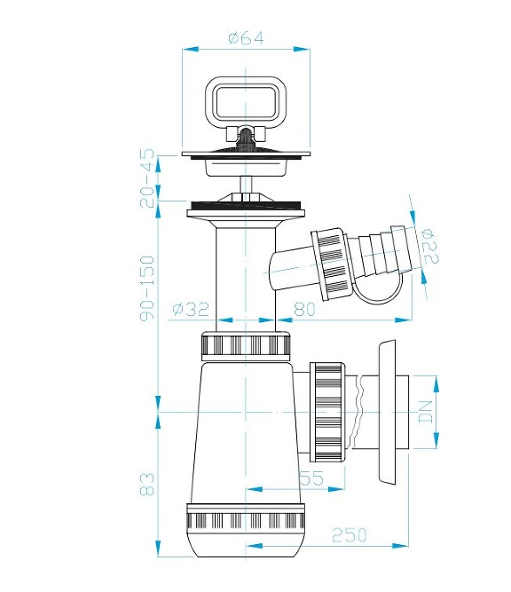 View E Washbasin trap, stainless grid, washing machine outlet, plug