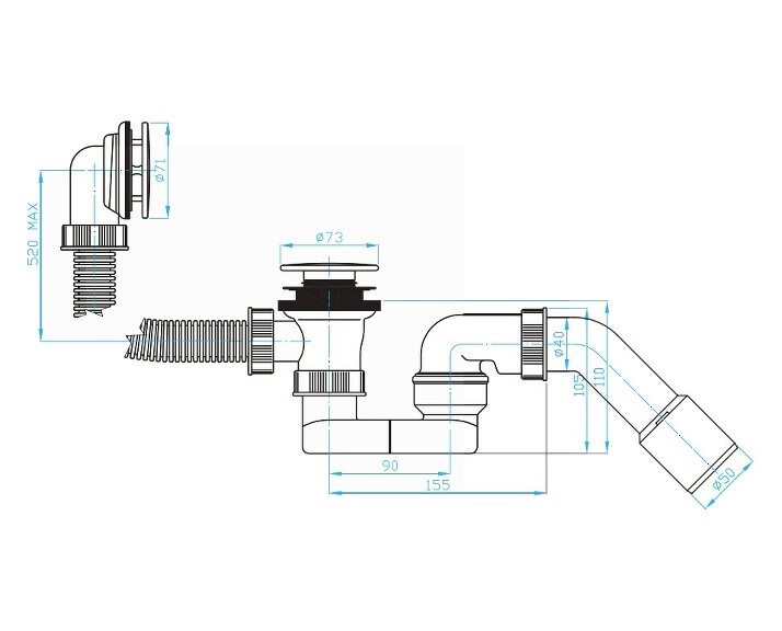 View Bath drain KLIK KLAK, trap 40, bend 45° 40/50