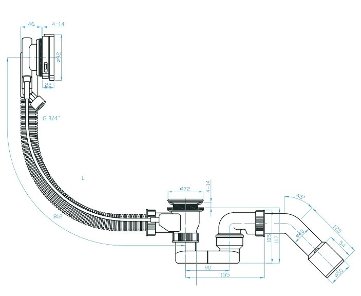 View Automatic bath drain, SLIM integrated water inlet, trap 40/50, bend 40/50