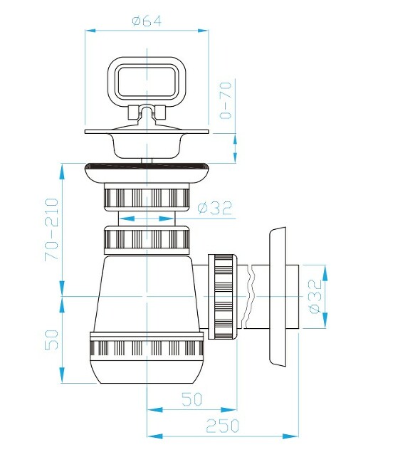 View B siphon washbasin valve, stainless steel