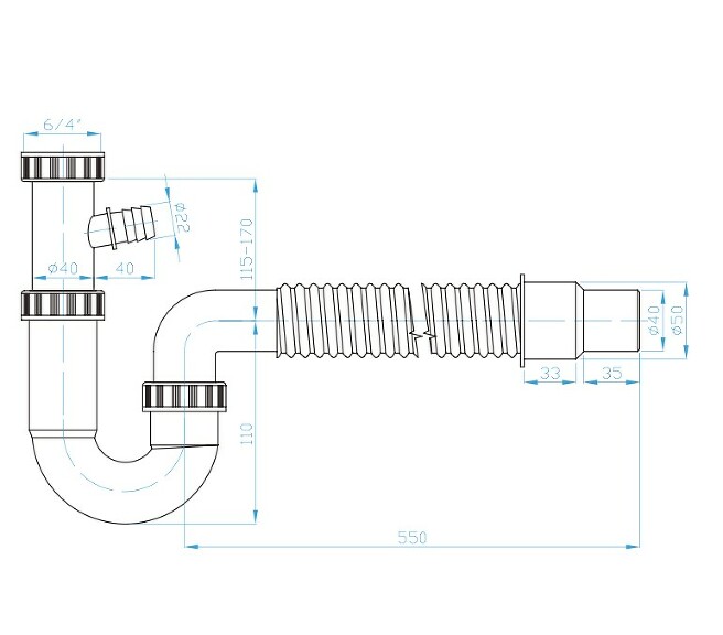 View U siphon flexi hose 50/40, 6/4", washing machine outlet