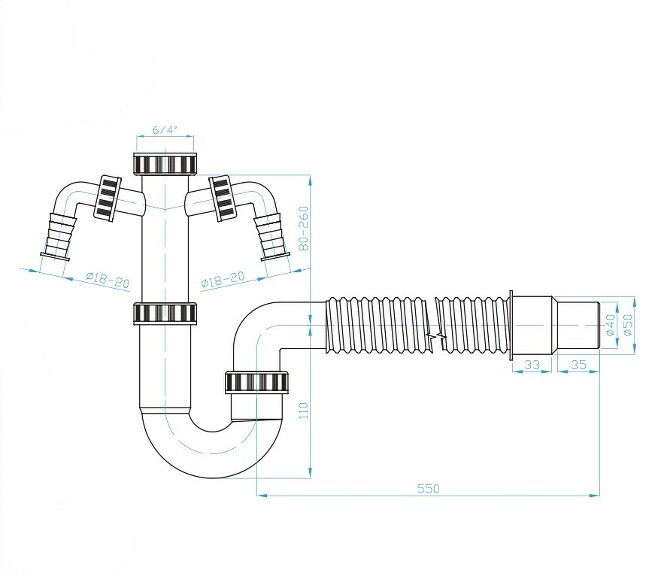 View U siphon flexi hose 50/40, 6/4", 2x washing machine outlet