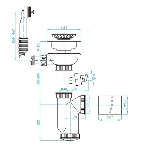 View Stainless sink trap 115, wah. machine outlet, overlow