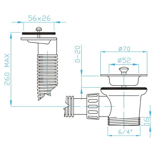 View Sink outlet 6/4", horizontal drain, plug