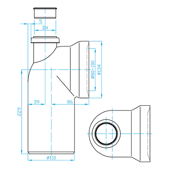 View Toilet connector - bend 90° with inlet pipe