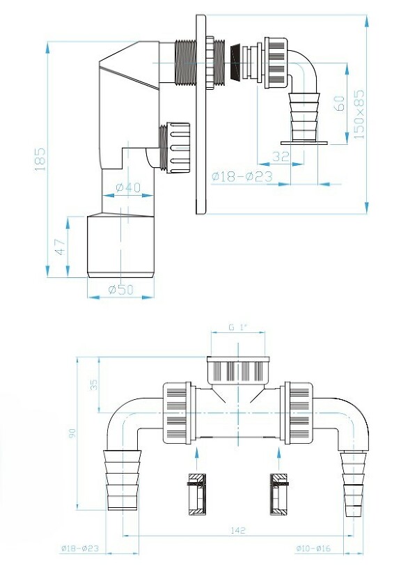 View Under plaster washing machine trap, two inlets