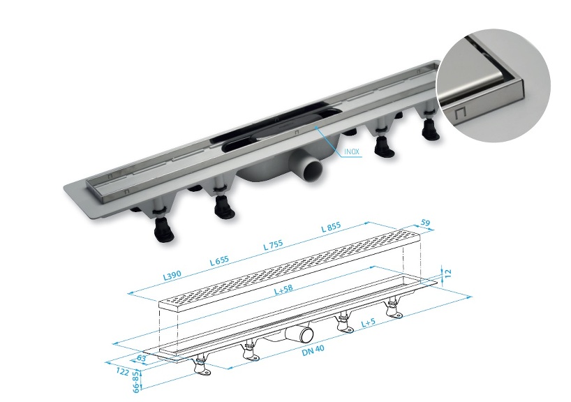 View SALE - Plastic drain channel with stainless steel grid and frame, design 4, dry valve, for tiles